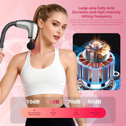 Deep Tissue Massage Gun for Back & Full Body – Long Handle Percussion Muscle Massager with 4 Replaceable Heads, Adjustable Speeds & Quiet Motor – Relieve Muscle Pain, Soreness & Stiffness (Silver)