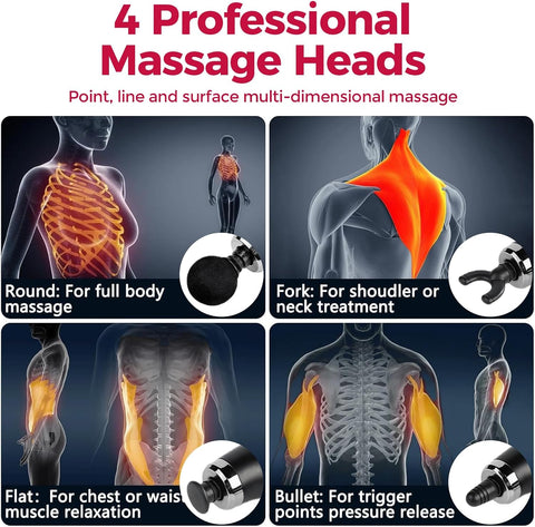 Deep Tissue Massage Gun for Back & Full Body – Long Handle Percussion Muscle Massager with 4 Replaceable Heads, Adjustable Speeds & Quiet Motor – Relieve Muscle Pain, Soreness & Stiffness (Silver)
